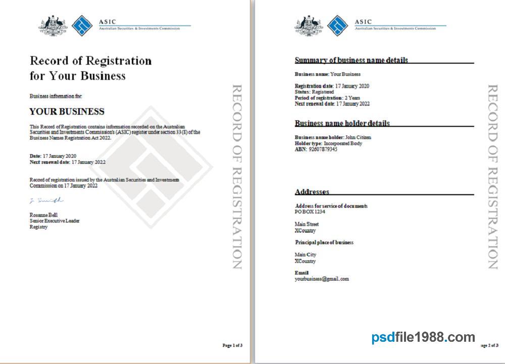 Aust ASIC Record of Business Registration